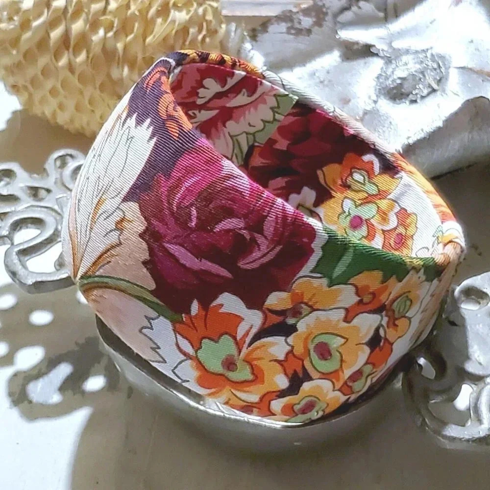 Vintage Y2K Flowers Organic Cotton Fabric Covered Wide Bangle Bracelet